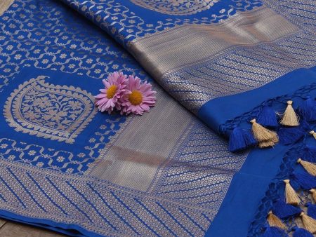 Cobalt Blue Pure Silk Georgette Banarasi Handloom Dupatta For Cheap