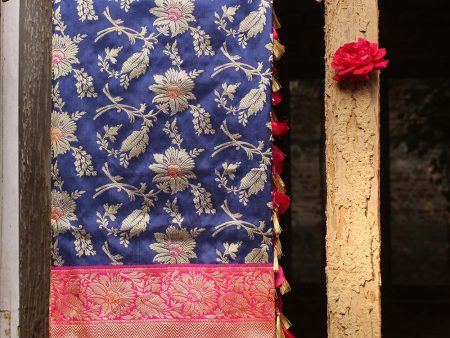 Navy Blue-Pink Pure Katan Silk Kadwa Jangla Handloom Dupatta Fashion