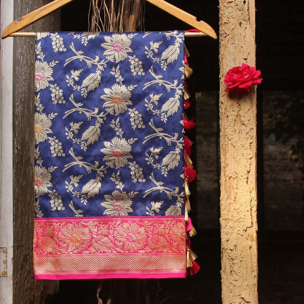 Navy Blue-Pink Pure Katan Silk Kadwa Jangla Handloom Dupatta Fashion