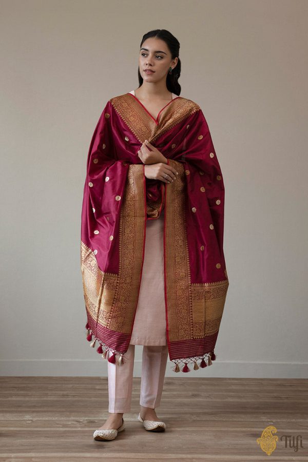 Garnet Pure Katan Silk Banarasi Handloom Dupatta For Discount