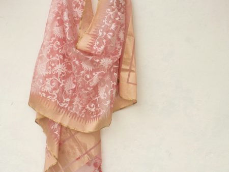 Light Coral Peach Pure Kora Net Banarasi Handloom Dupatta Fashion