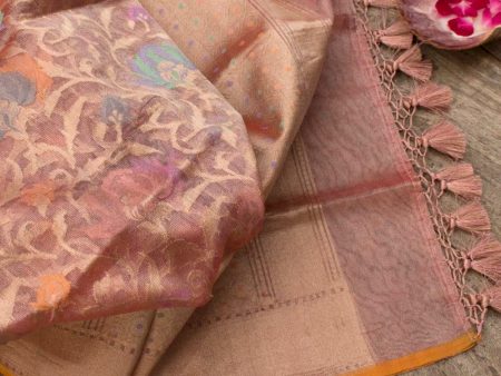 Old Rose Pink-Gold Pure Kora Tissue Net Banarasi Handloom Dupatta Sale