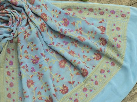 Light Blue Pure Khaddi Georgette Banarasi Handloom Dupatta Cheap