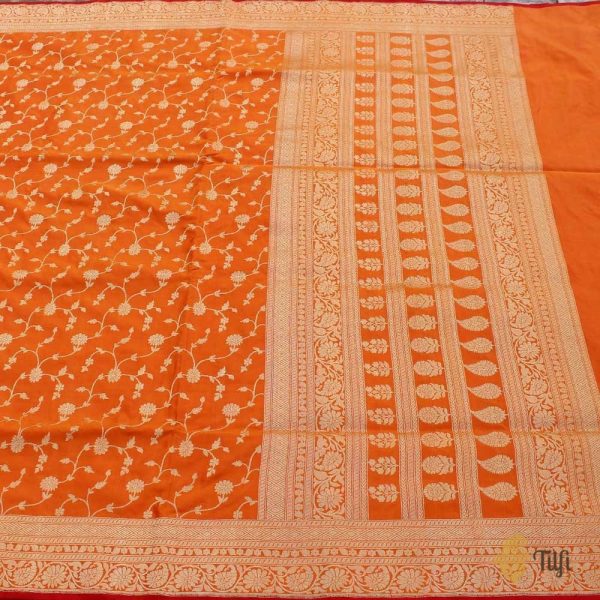 Orange Pure Katan Silk Banarasi Handloom Saree on Sale