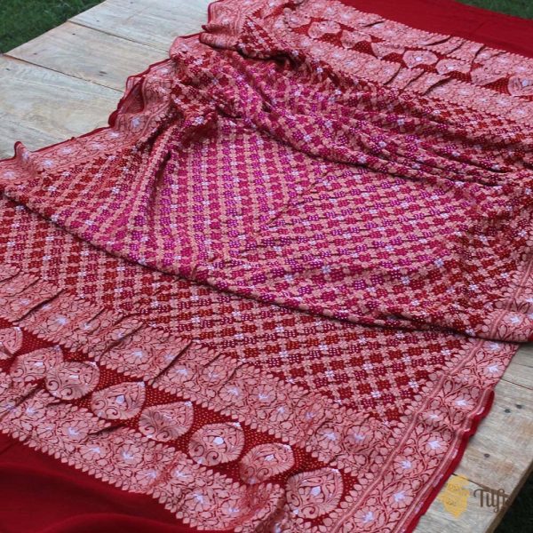 Rani Pink-Red Ombre Pure Chiffon Georgette Banarasi Handloom Bandhani Dupatta For Sale