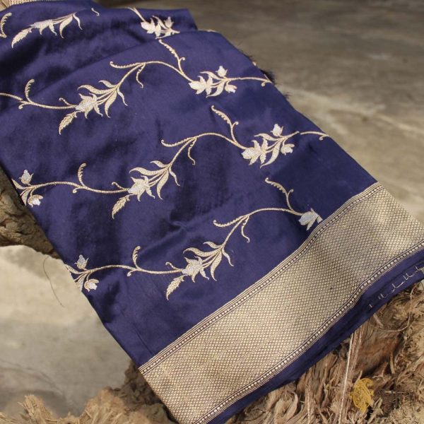 Navy Blue Pure Katan Silk Banarasi Kadwa Jangla Handloom Dupatta Fashion