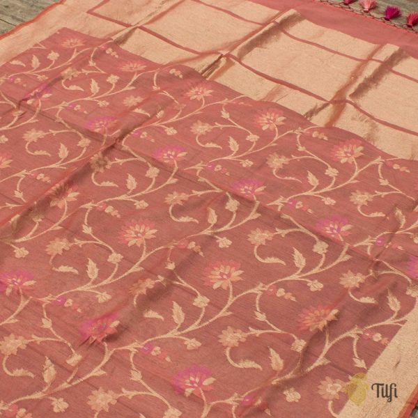 Peach Pure Kora Net by Cotton Banarasi Handloom Dupatta Discount