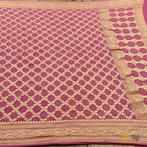 Old Magenta Pure Georgette Banarasi Handloom Bandhani Dupatta For Sale