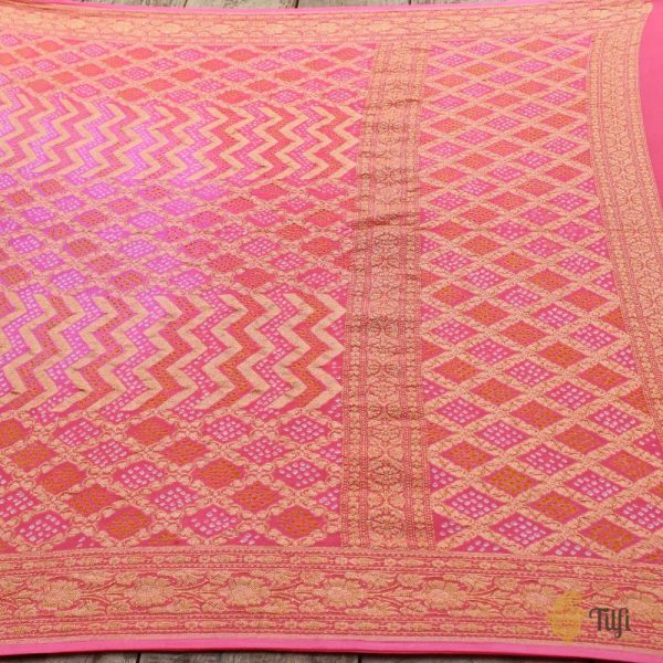 Light Fuchsia Pink - Coral Peach Pure Georgette Banarasi Handloom Bandhani Dupatta Fashion