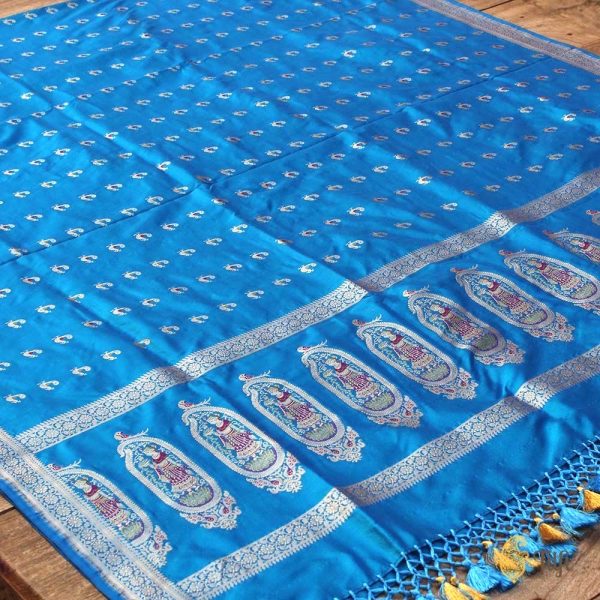 Peacock Blue Pure Katan Silk Banarasi Handwoven Dupatta Supply