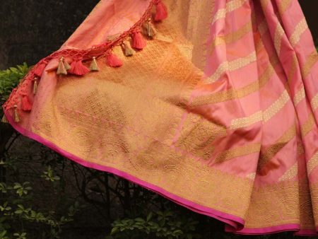 Yellow-Gulabi Pink Pure Katan Silk Aadha Jaal Banarasi Handloom Dupatta Supply