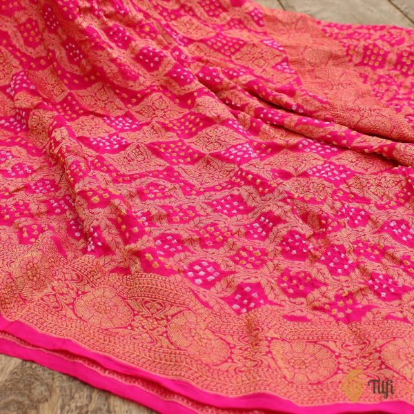 Gulabi Pink Pure Georgette Banarasi Handloom Bandhani Dupatta Online now