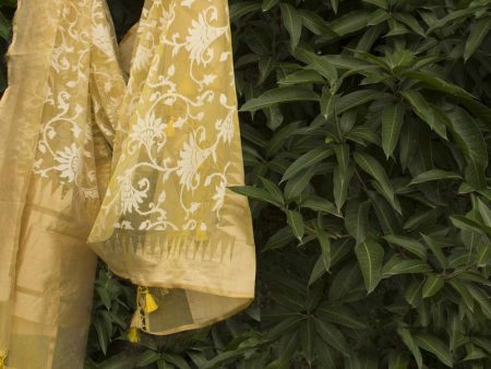 Light Yellow Pure Kora Net Banarasi Handloom Dupatta For Sale