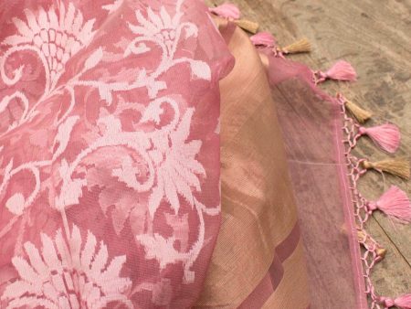 Pink Pure Kora Silk Net Banarasi Handloom Dupatta For Sale