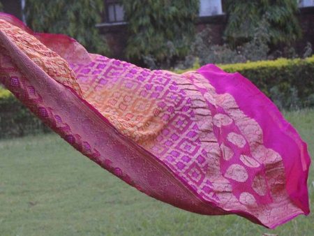 Orange-Gulabi Pink Ombre Pure Chiffon Georgette Banarasi Handloom Bandhani Dupatta For Cheap