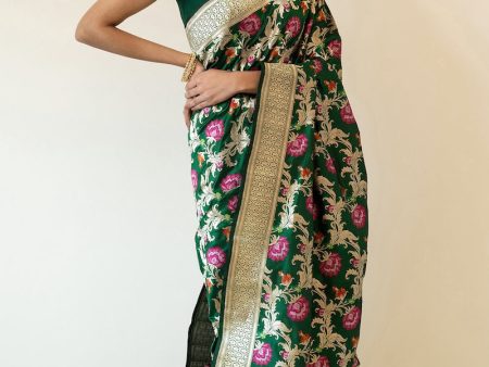 A Baroque Dream  Forest Green Pure Katan Silk Banarasi Handloom Saree Online now