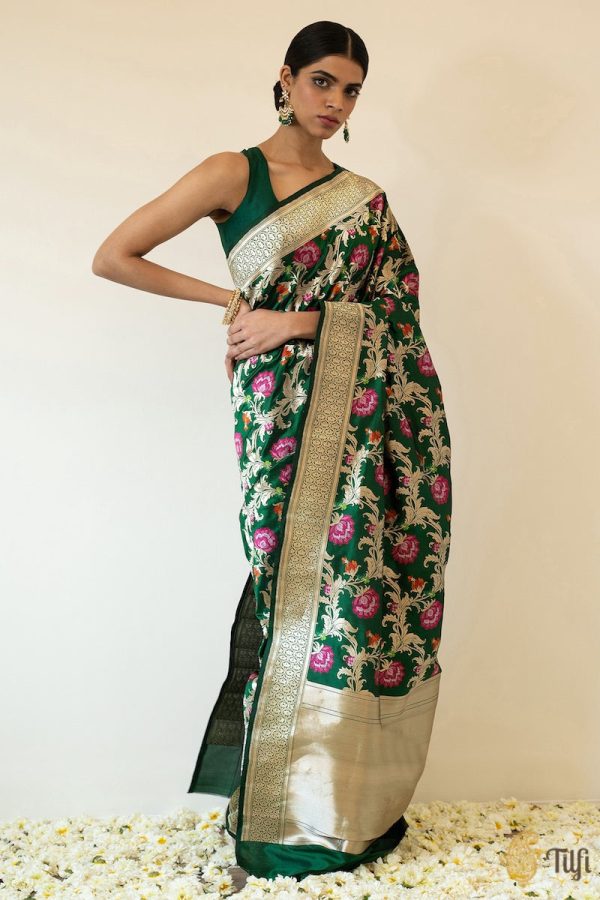 A Baroque Dream  Forest Green Pure Katan Silk Banarasi Handloom Saree Online now