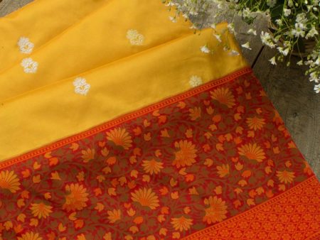 Yellow-Red Pure Katan Silk Banarasi Handloom Saree Online