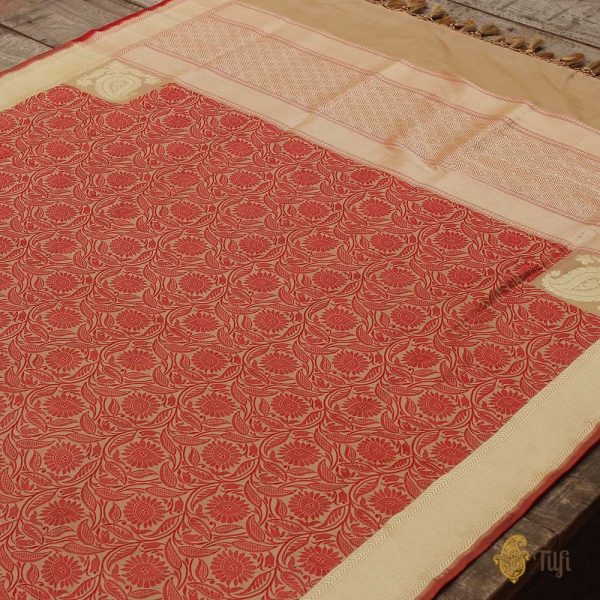 Beige-Red Pure Katan Silk Banarasi Handloom Dupatta Discount