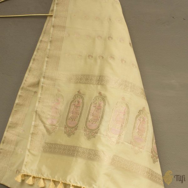 Light Yellow Pure Katan Silk Banarasi Handloom Petite Dupatta For Cheap