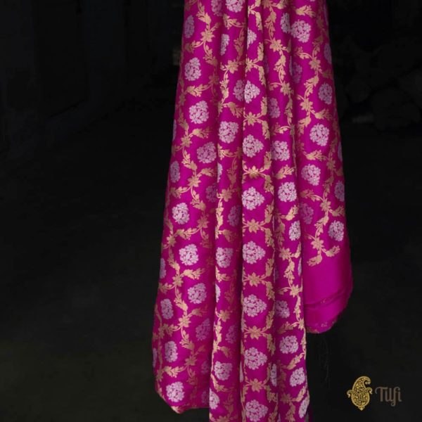 Rani Pink Pure Katan Silk Kadwa Banarasi Handloom Fabric For Sale