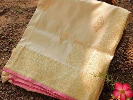 Off White Pure Katan Silk Banarasi Handloom Dupatta Hot on Sale