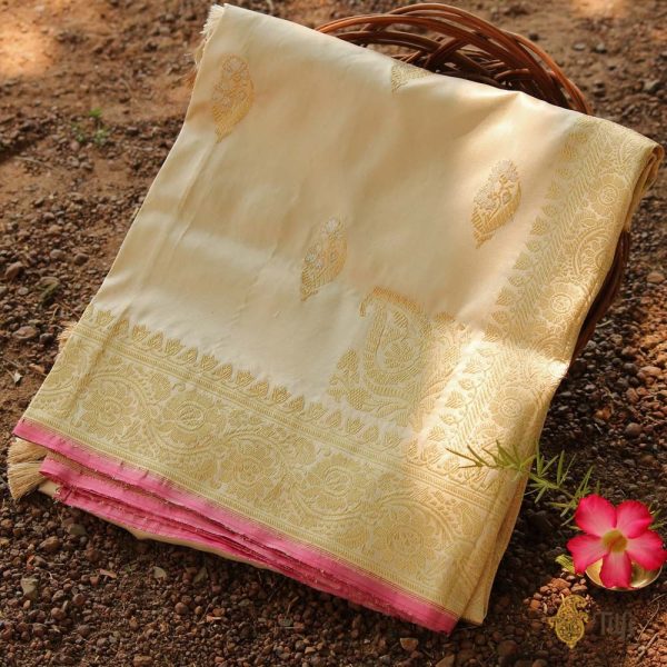 Off White Pure Katan Silk Banarasi Handloom Dupatta Hot on Sale