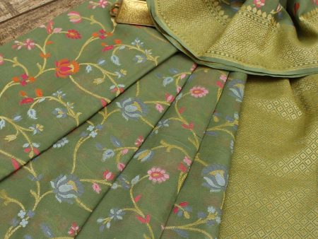 Olive Green Pure Khaddi Georgette Banarasi Handloom Dupatta For Discount