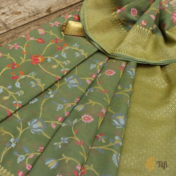 Olive Green Pure Khaddi Georgette Banarasi Handloom Dupatta For Discount