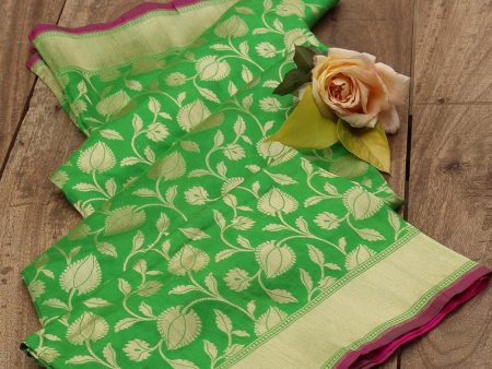 Parrot Green Pure Katan Silk Banarasi Handloom Dupatta For Sale