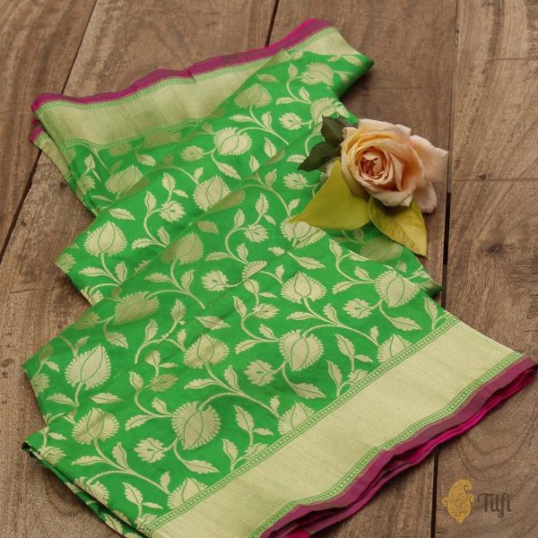 Parrot Green Pure Katan Silk Banarasi Handloom Dupatta For Sale