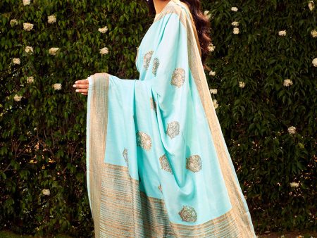 Aqua Mist Blue Pure Monga Silk Banarasi Handloom Saree For Sale