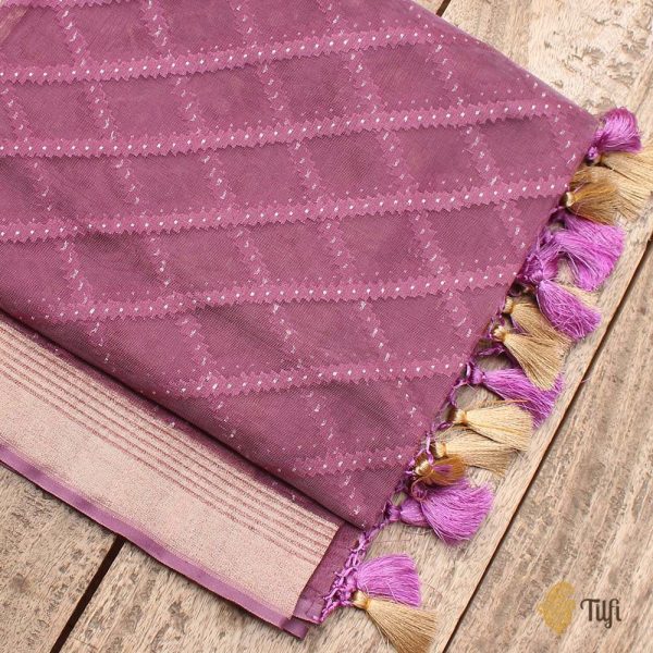 Mauve Pure Kora Net Banarasi Handloom Dupatta Cheap