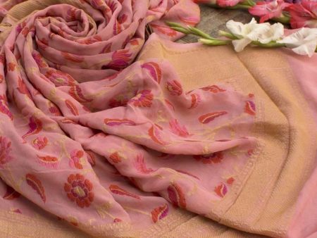 Light Peach Pure Khaddi Georgette Banarasi Handloom Dupatta For Cheap