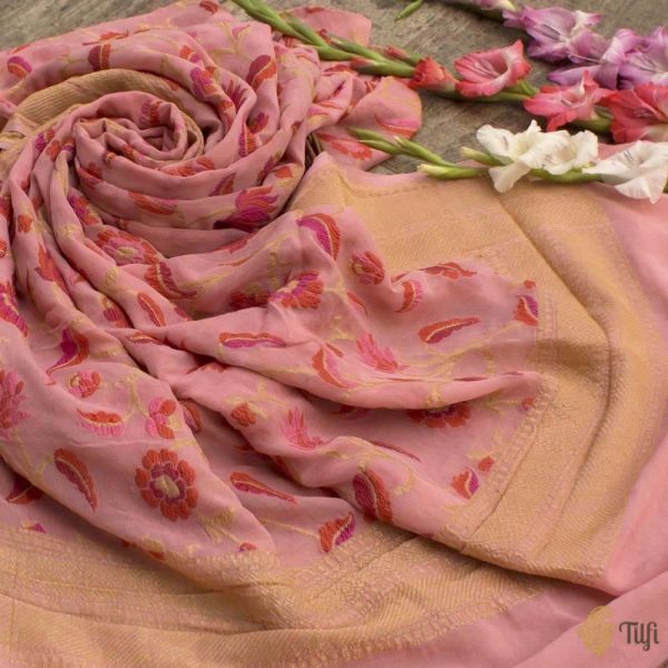 Light Peach Pure Khaddi Georgette Banarasi Handloom Dupatta For Cheap