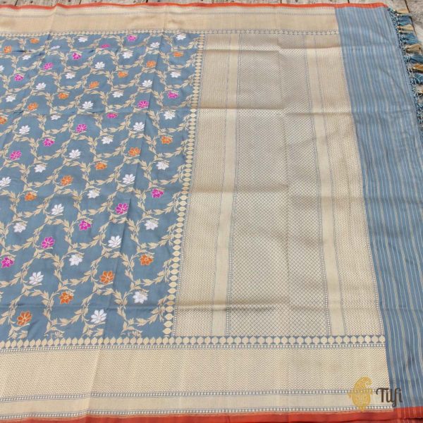 Grey Pure Katan Silk Banarasi Handloom Dupatta Supply