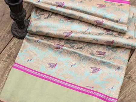 Beige-Ferozi Blue Pure Katan Silk Banarasi Handloom Dupatta on Sale