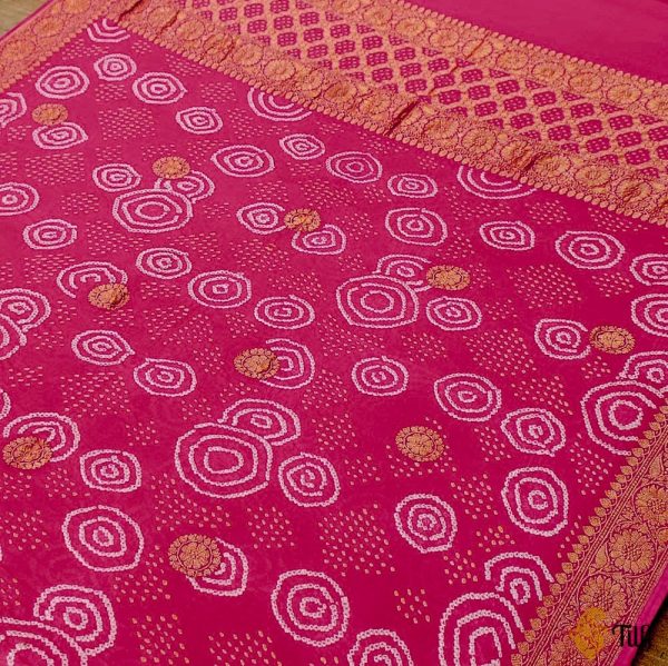 Hot Pink Pure Georgette Banarasi Handloom Bandhani Dupatta For Cheap