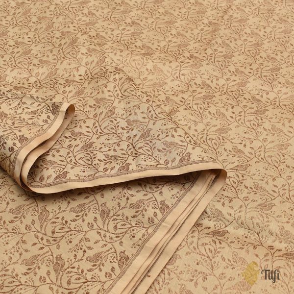 Beige Pure Katan Silk Bird Jaal Banarasi Handloom Fabric Hot on Sale