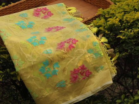 Lemon Yellow Pure Kora Net Banarasi Handloom Dupatta Online