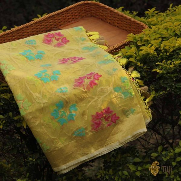 Lemon Yellow Pure Kora Net Banarasi Handloom Dupatta Online