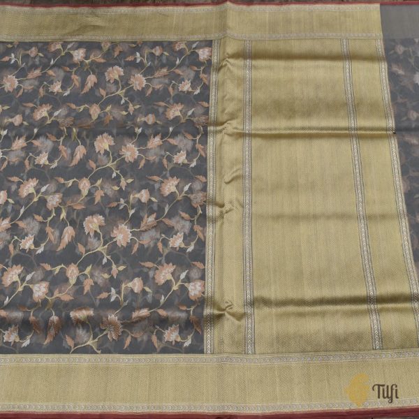 Blue-Grey Pure Kora Silk Handwoven Kadwa Banarasi Saree Hot on Sale