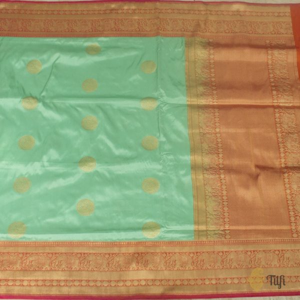 Aqua Blue-Orange Pure Katan Silk Banarasi Handloom Saree For Sale