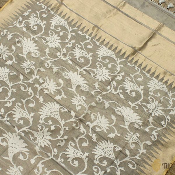 Light Grey Pure Kora Net Banarasi Handloom Dupatta For Discount