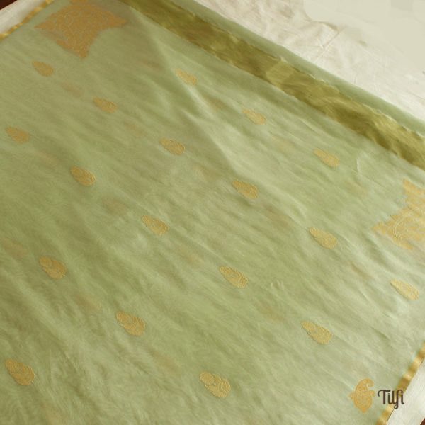 Mint Green Pure Kora Tissue Banarasi Handloom Dupatta For Sale