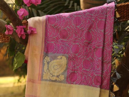 Grey-Gajri Pink Pure Katan Silk Banarasi Handloom Dupatta Sale