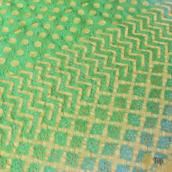 Green - Light Blue Pure Georgette Banarasi Handloom Bandhani Dupatta For Cheap