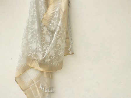 Light Grey Pure Kora Net Banarasi Handloom Dupatta For Discount