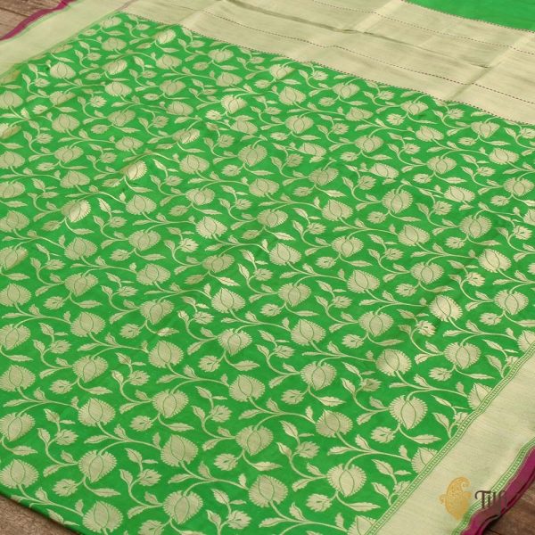 Parrot Green Pure Katan Silk Banarasi Handloom Dupatta For Sale