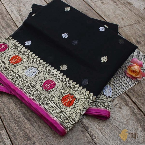 Black Pure Kora Silk Banarasi Handloom Saree For Discount